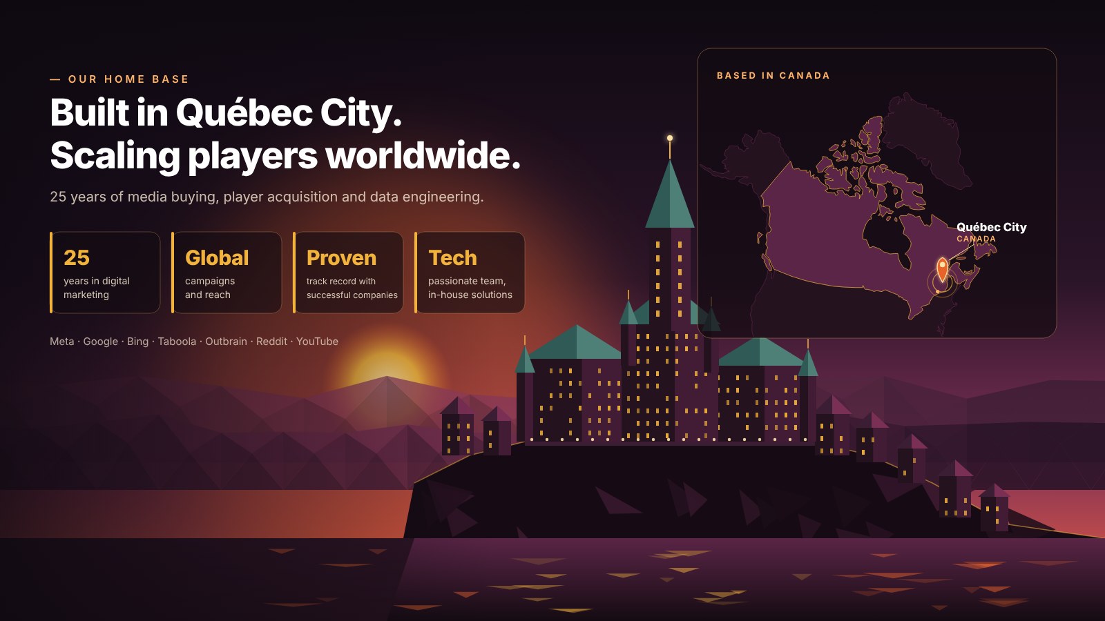 Québec City skyline at sunset in a faceted style, with a map of Canada pinpointing Québec City